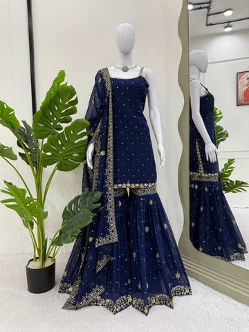 Function Wear Navy Blue Color Thread With Sequin Embroidery Work Sharara Suit