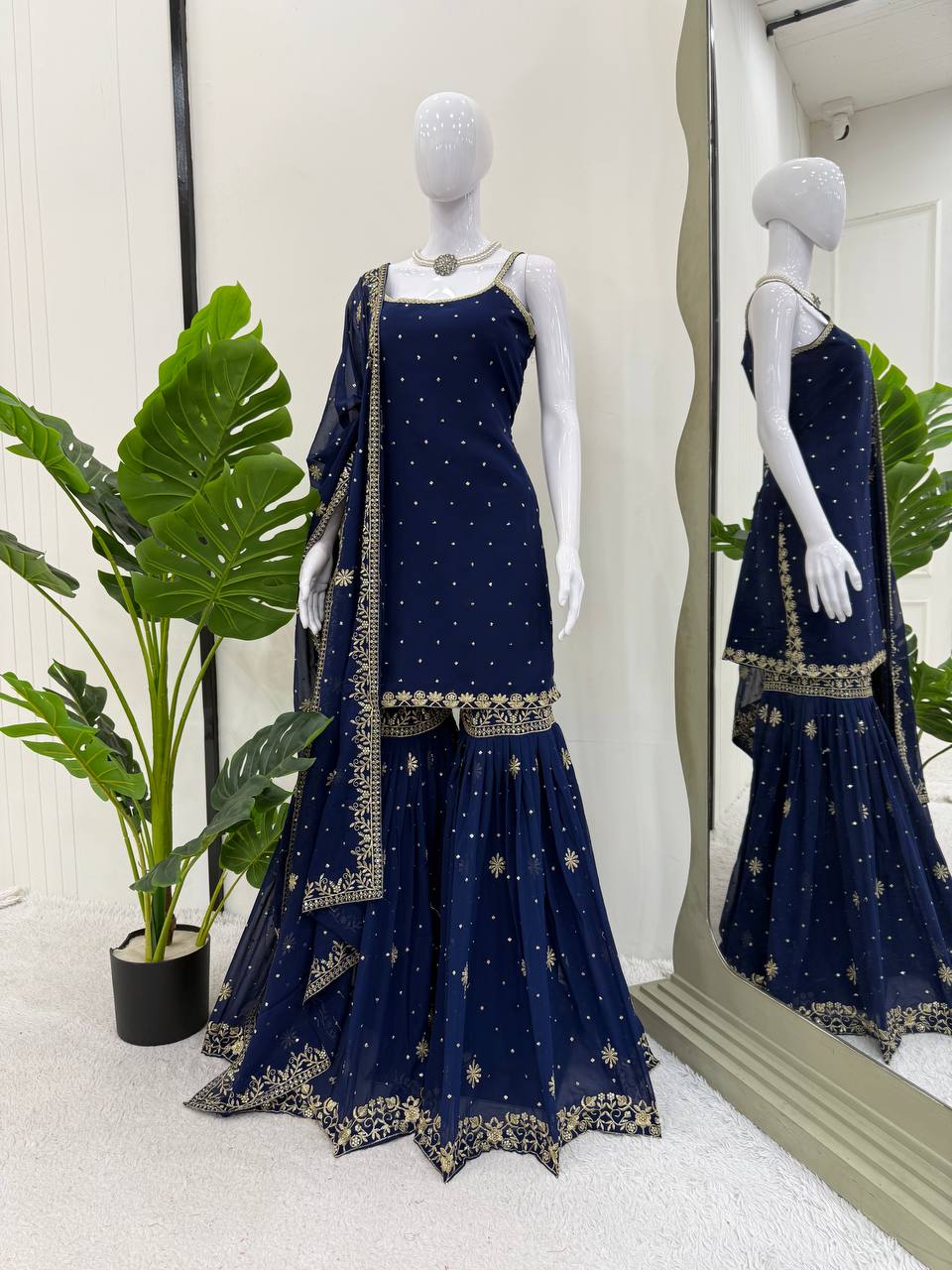 Function Wear Navy Blue Color Thread With Sequin Embroidery Work Sharara Suit