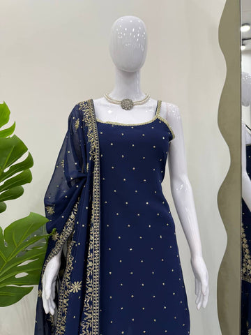 Function Wear Navy Blue Color Thread With Sequin Embroidery Work Sharara Suit