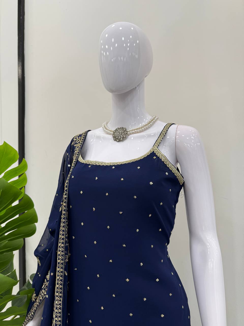 Function Wear Navy Blue Color Thread With Sequin Embroidery Work Sharara Suit