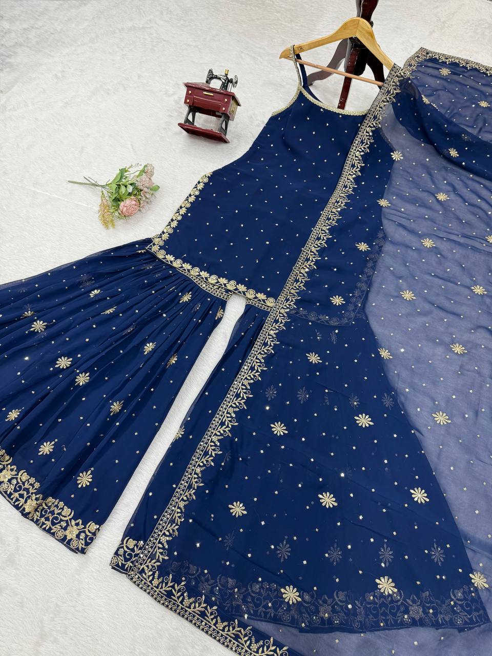 Function Wear Navy Blue Color Thread With Sequin Embroidery Work Sharara Suit