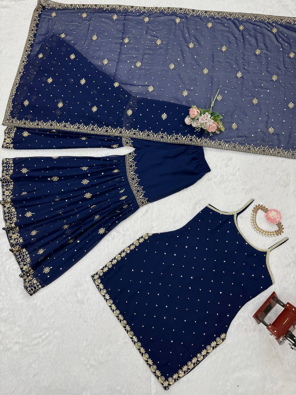 Function Wear Navy Blue Color Thread With Sequin Embroidery Work Sharara Suit