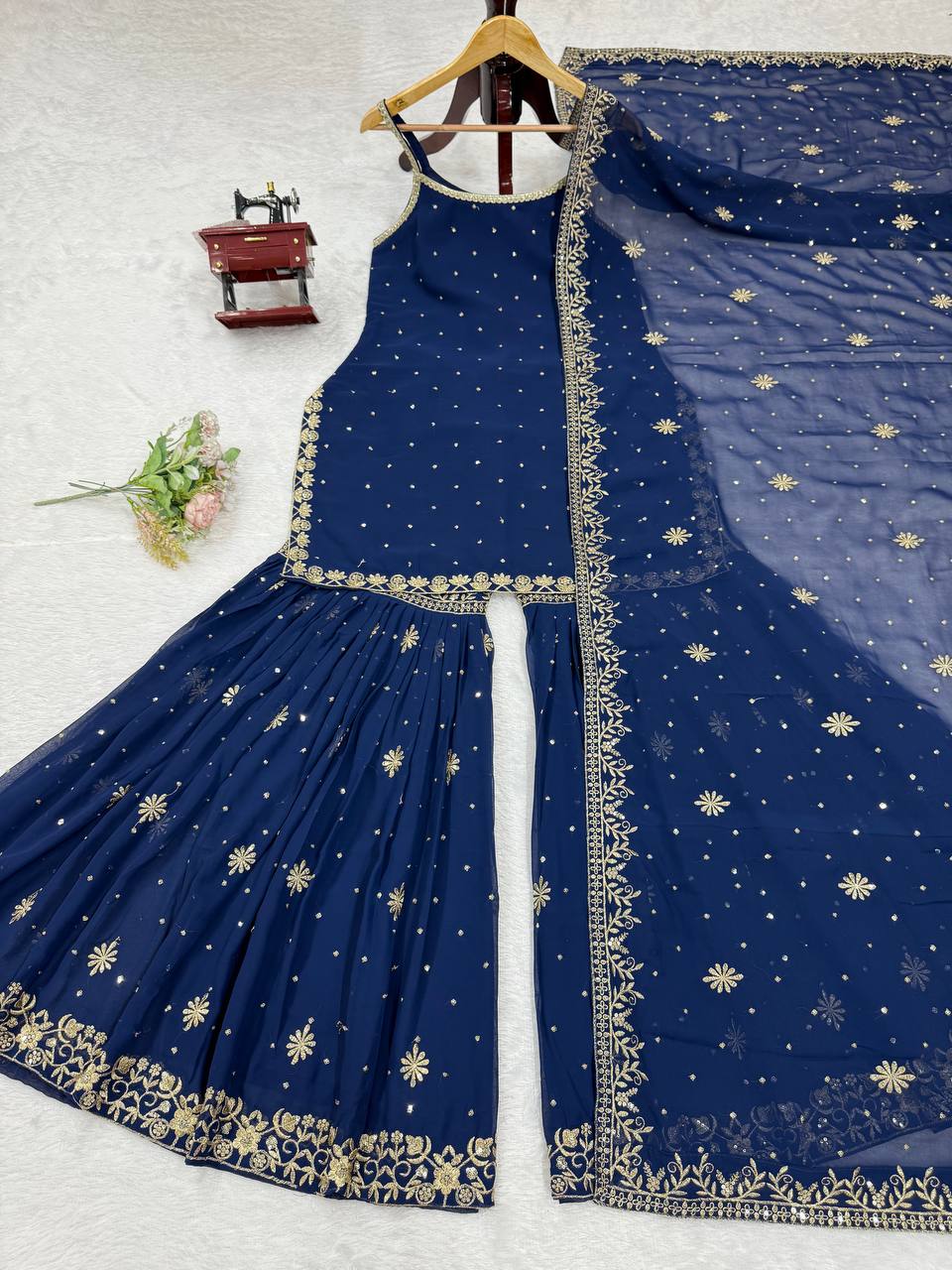 Function Wear Navy Blue Color Thread With Sequin Embroidery Work Sharara Suit