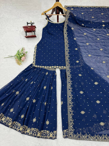 Function Wear Navy Blue Color Thread With Sequin Embroidery Work Sharara Suit