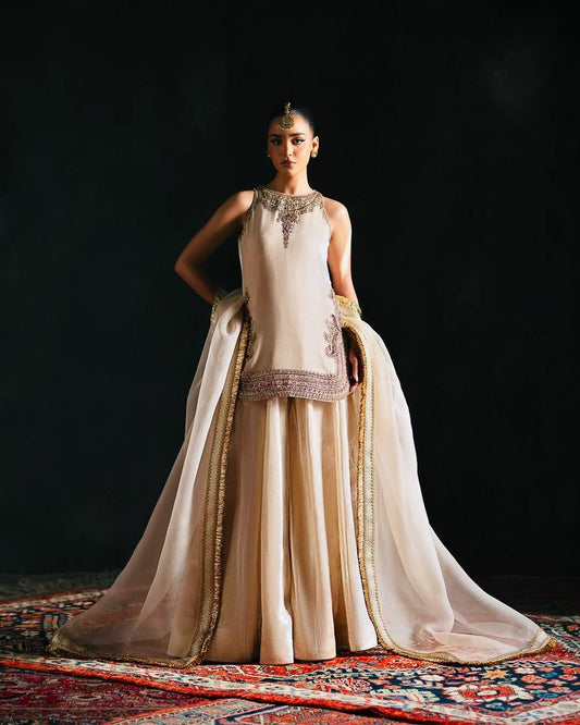 Ceremony Wear Cream Color Heavy French Crepe Embroidery Coding And Sequin Work Palazzo Suit