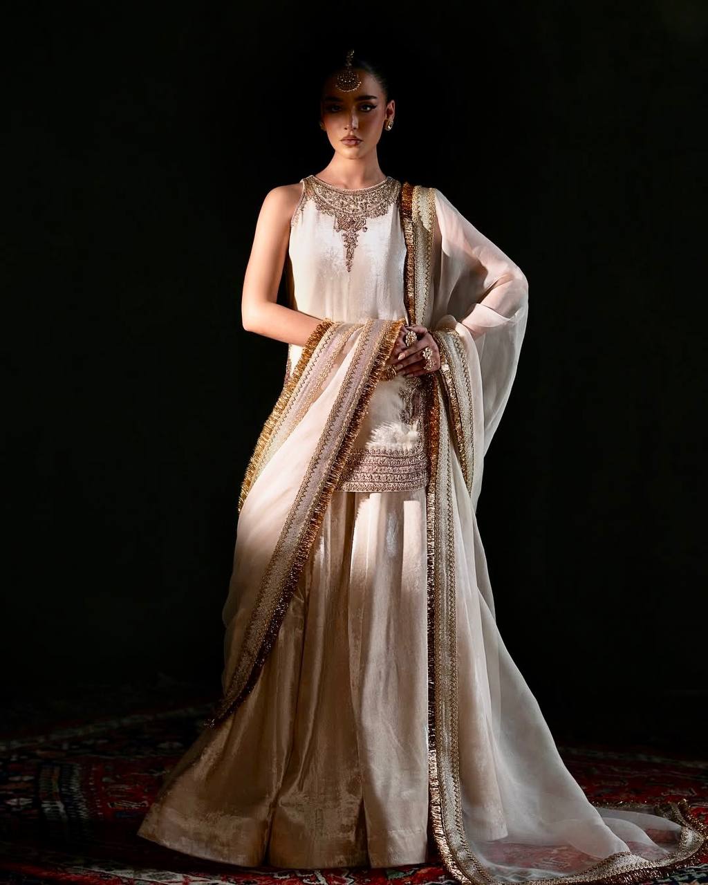 Ceremony Wear Cream Color Heavy French Crepe Embroidery Coding And Sequin Work Palazzo Suit