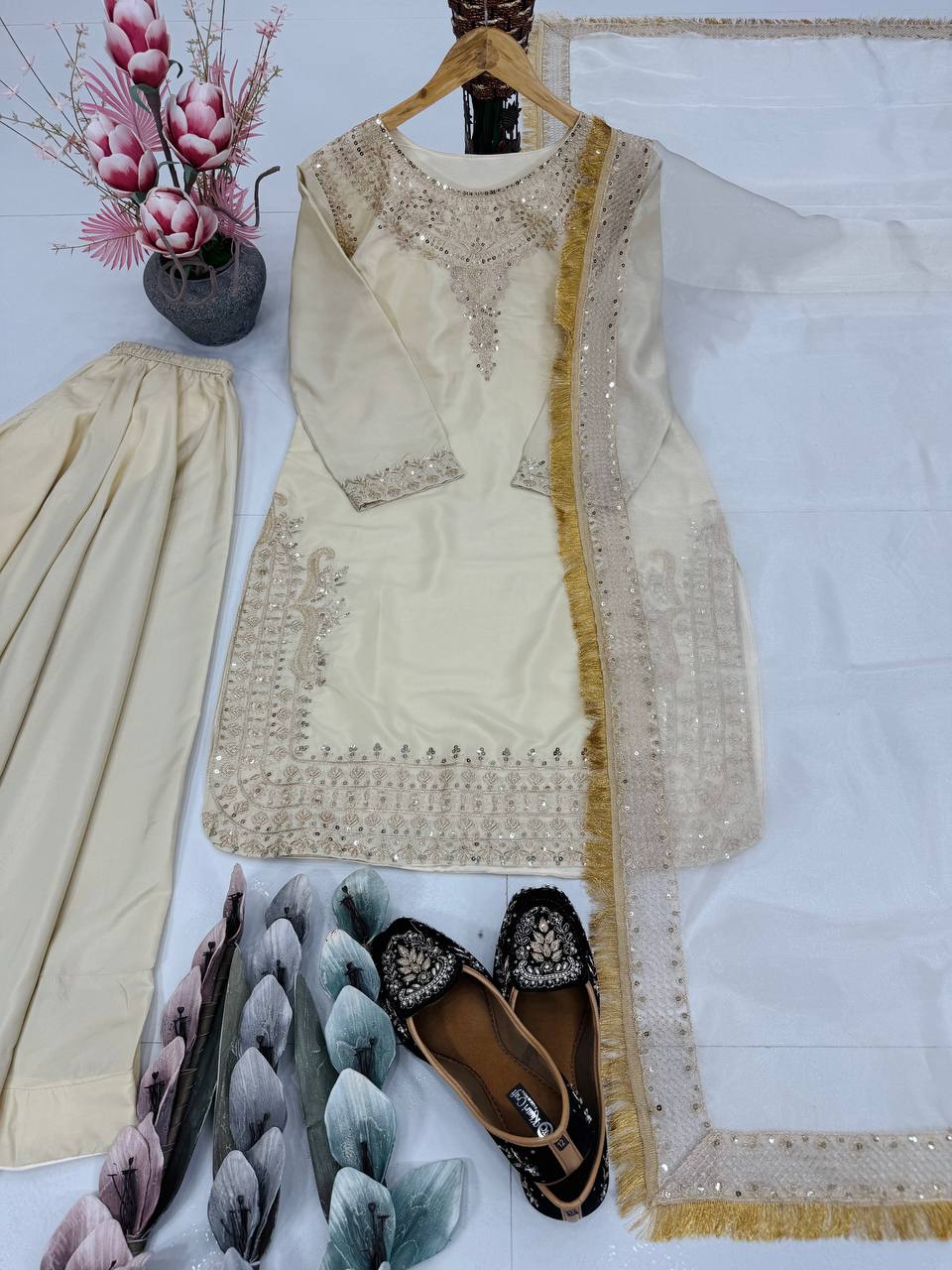 Ceremony Wear Cream Color Heavy French Crepe Embroidery Coding And Sequin Work Palazzo Suit