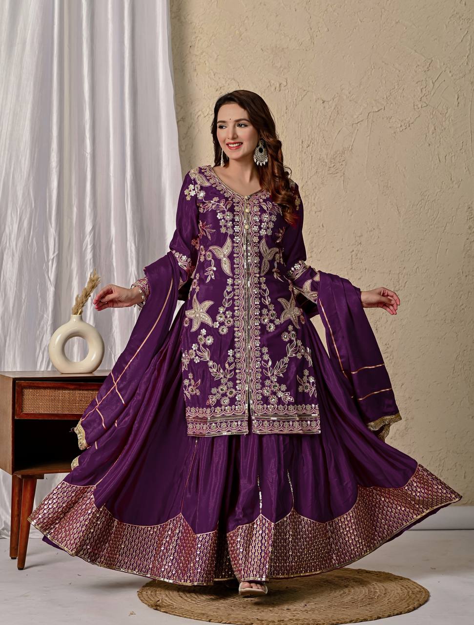 Wedding Wear Purple Color Coding Sequin Work Beautiful Sharara Suit