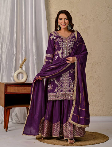 Wedding Wear Purple Color Coding Sequin Work Beautiful Sharara Suit