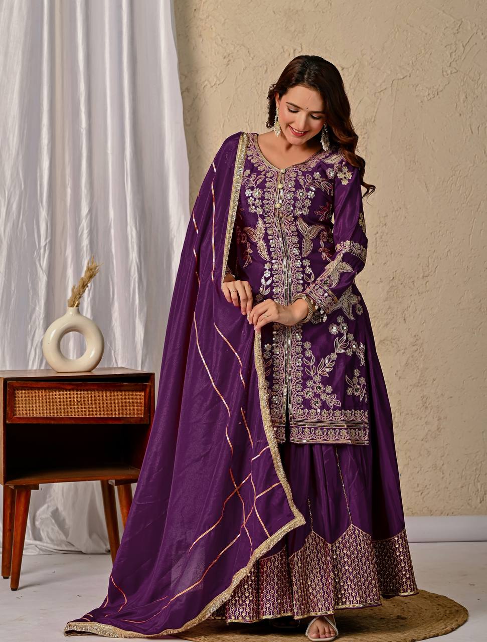 Wedding Wear Purple Color Coding Sequin Work Beautiful Sharara Suit