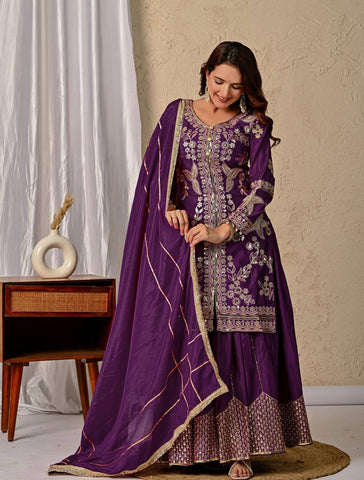 Wedding Wear Purple Color Coding Sequin Work Beautiful Sharara Suit