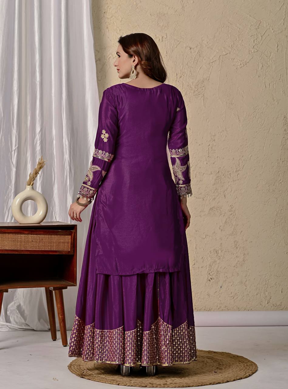 Wedding Wear Purple Color Coding Sequin Work Beautiful Sharara Suit