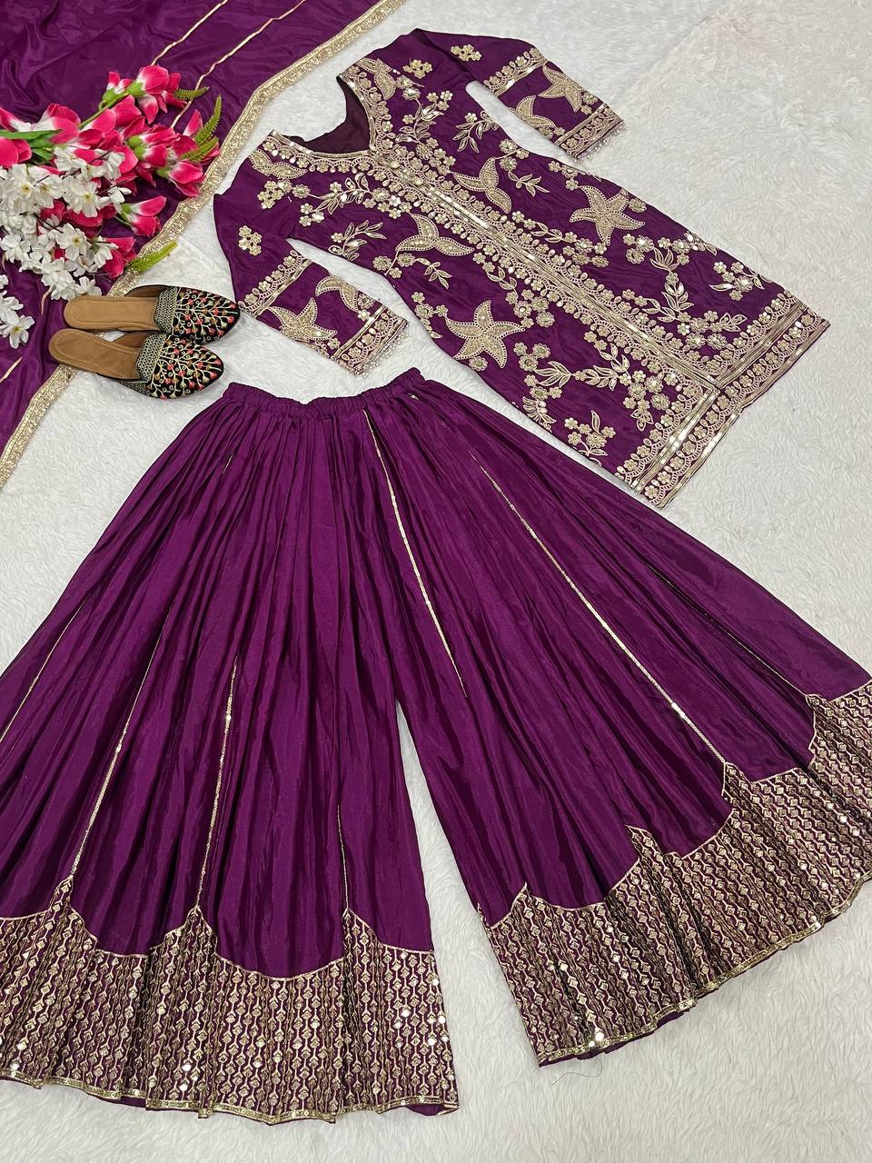 Wedding Wear Purple Color Coding Sequin Work Beautiful Sharara Suit