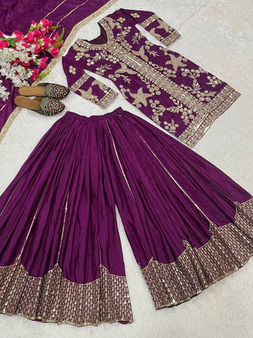 Wedding Wear Purple Color Coding Sequin Work Beautiful Sharara Suit