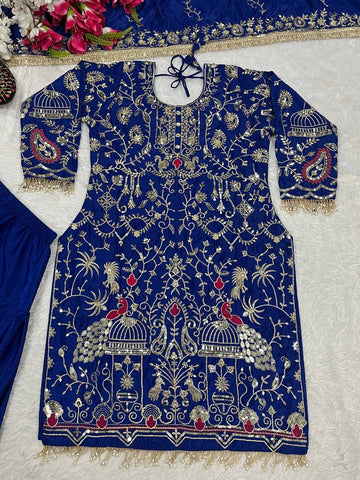 Stylish Navy Blue Color Embroidery Sequence Work Dhoti Suit