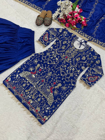 Stylish Navy Blue Color Embroidery Sequence Work Dhoti Suit