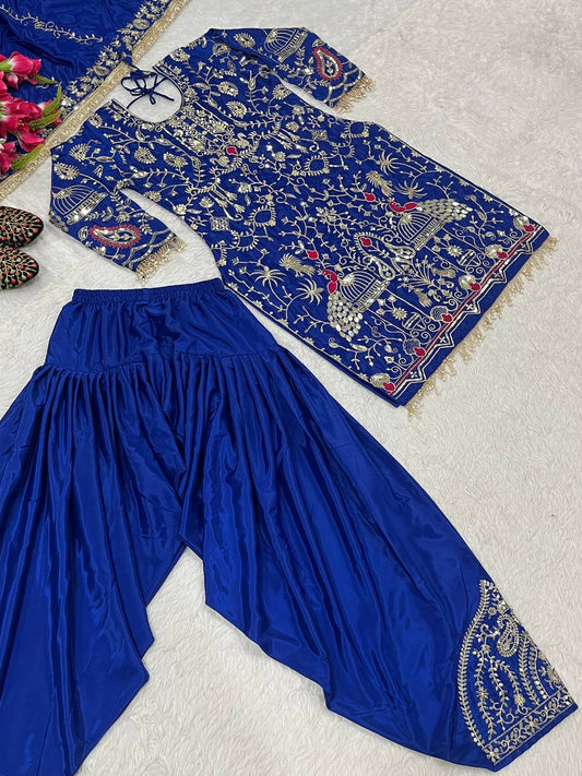 Stylish Navy Blue Color Embroidery Sequence Work Dhoti Suit