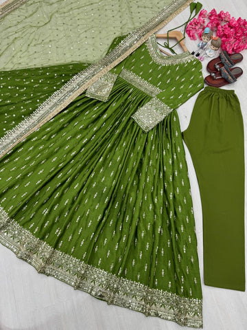 Exclusive Green Color Embroidery Sequence Work Gown