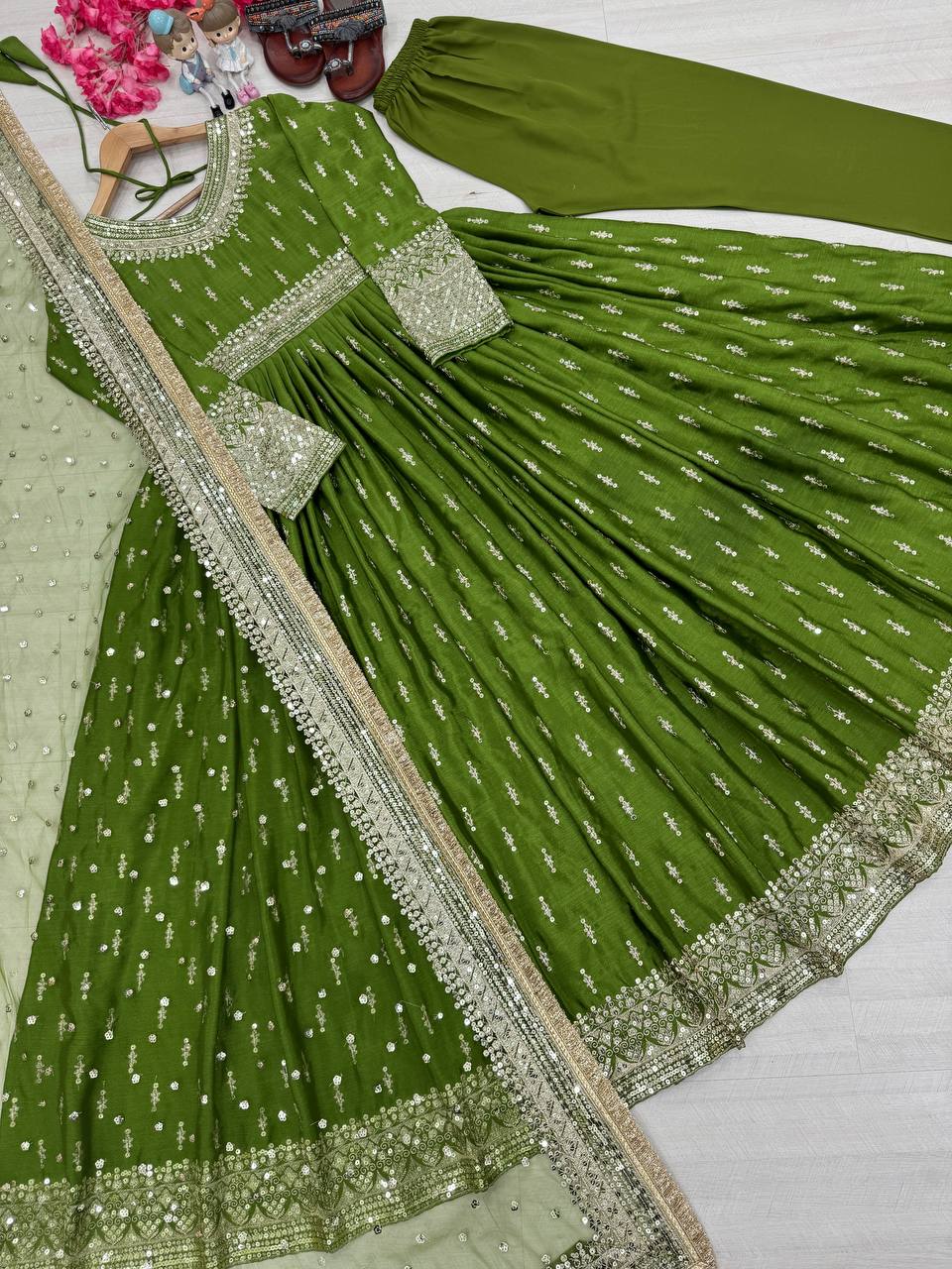 Exclusive Green Color Embroidery Sequence Work Gown