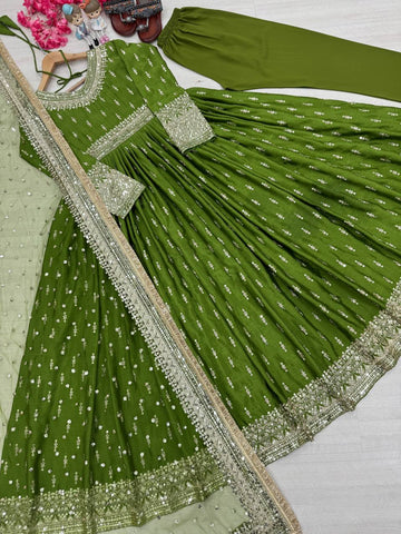 Exclusive Green Color Embroidery Sequence Work Gown