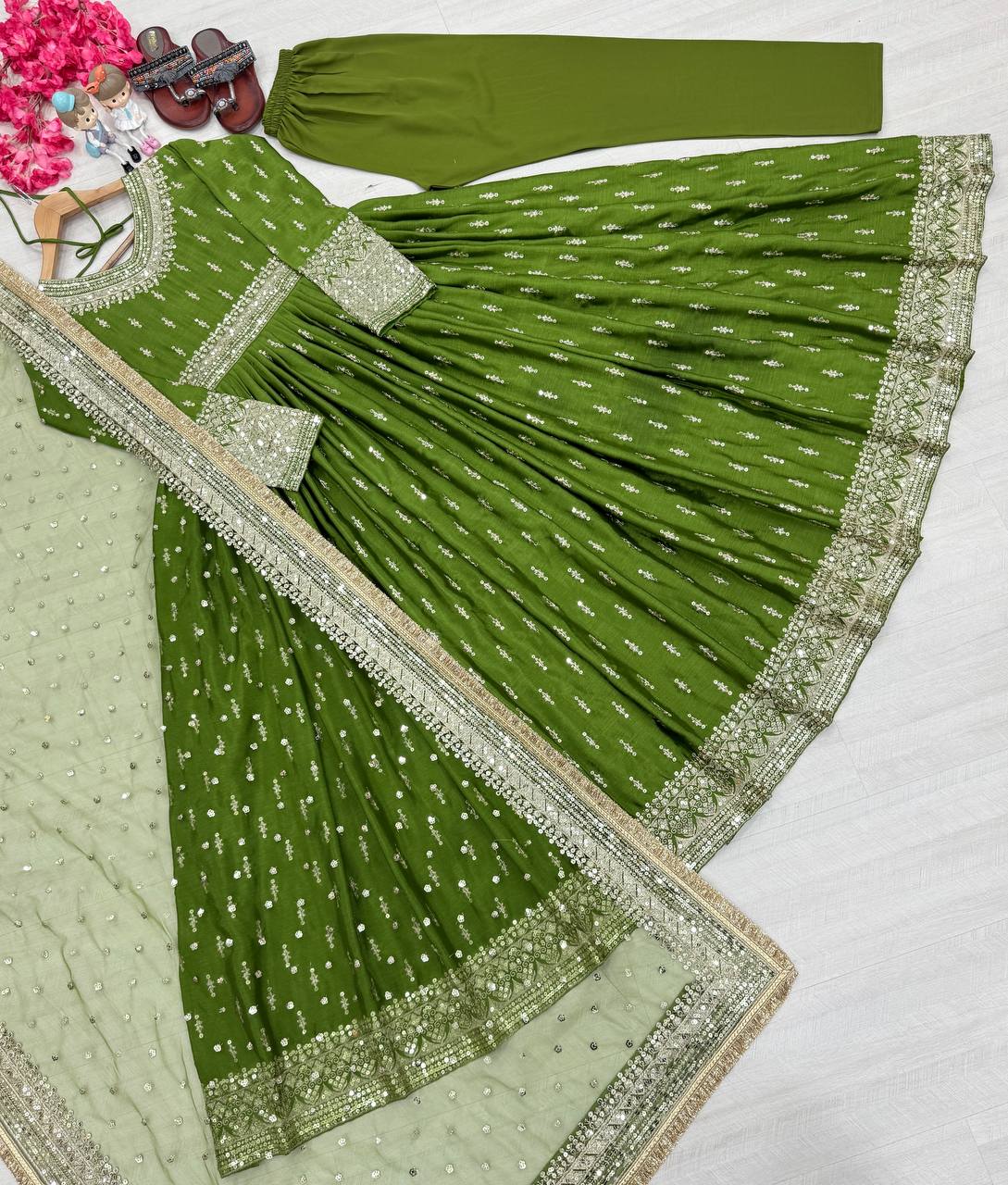 Exclusive Green Color Embroidery Sequence Work Gown