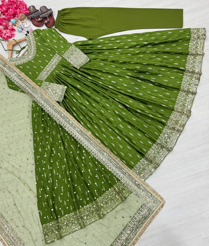 Exclusive Green Color Embroidery Sequence Work Gown