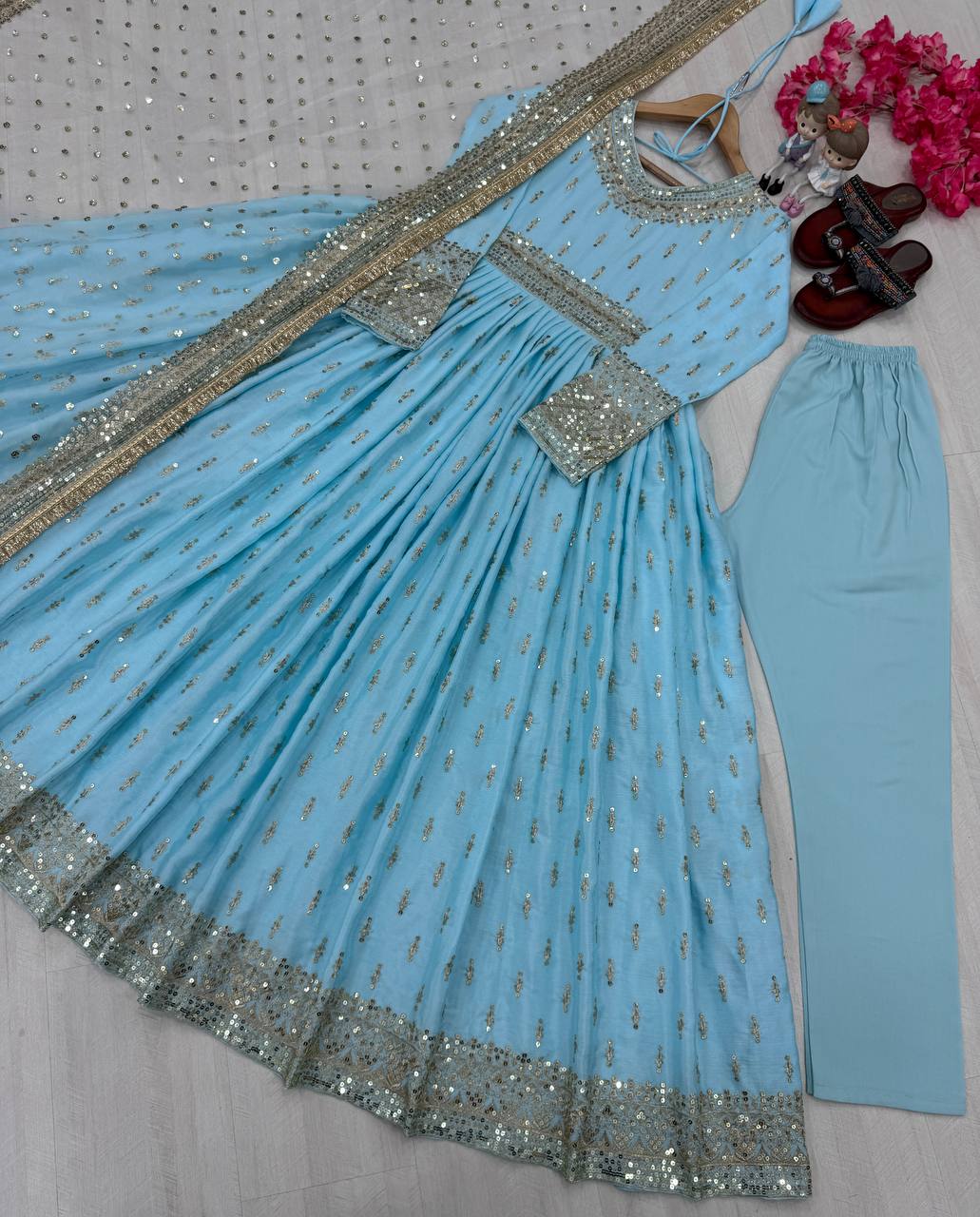 Designer Sky Blue Color Embroidery Sequence Work Gown