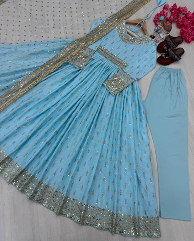 Designer Sky Blue Color Embroidery Sequence Work Gown
