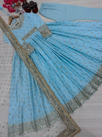 Designer Sky Blue Color Embroidery Sequence Work Gown
