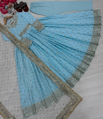 Designer Sky Blue Color Embroidery Sequence Work Gown