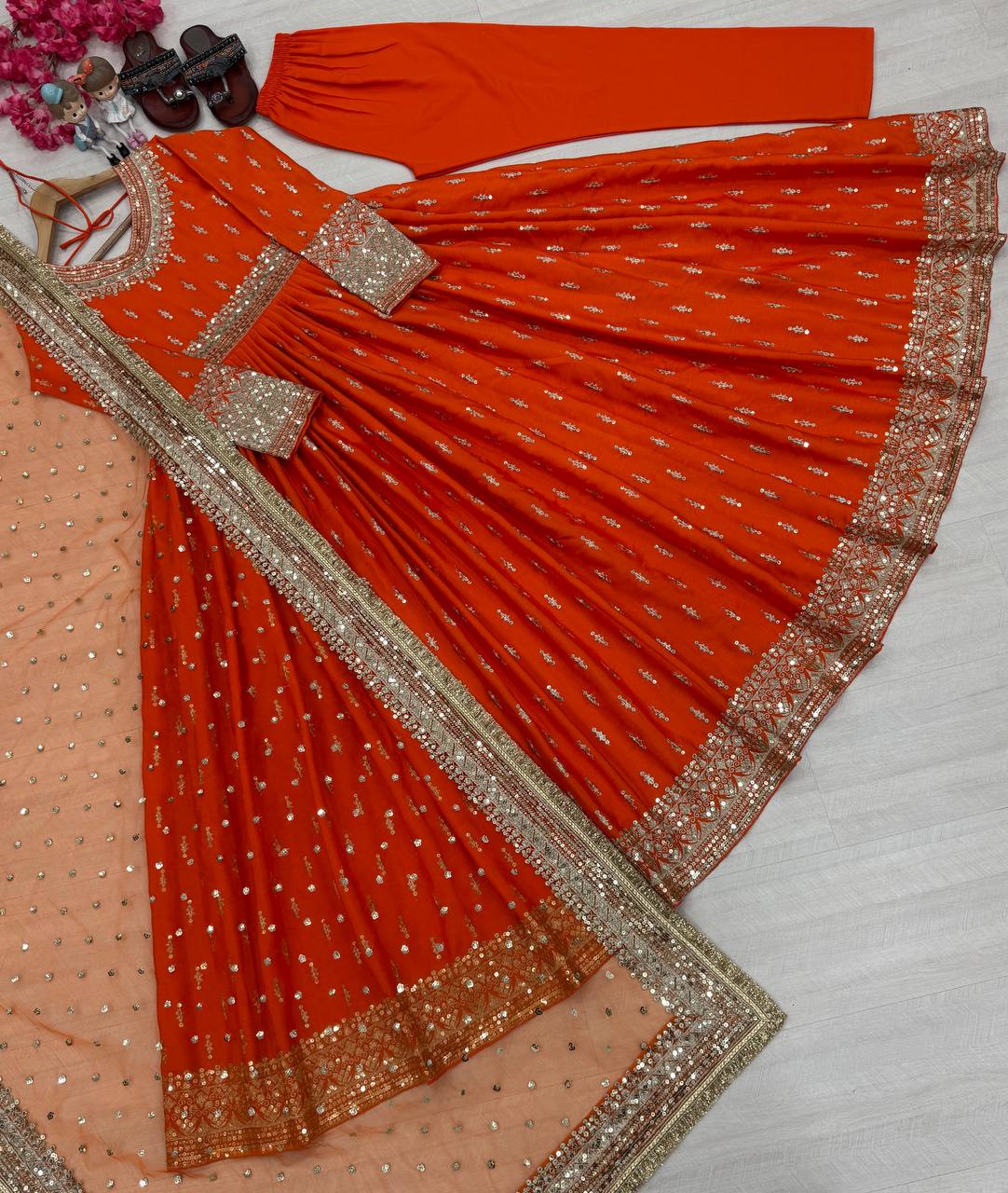 Beautiful Orange Color Embroidery Sequence Work Gown