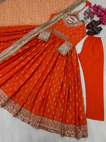 Beautiful Orange Color Embroidery Sequence Work Gown