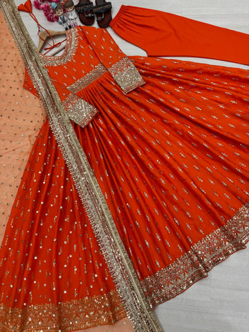 Beautiful Orange Color Embroidery Sequence Work Gown