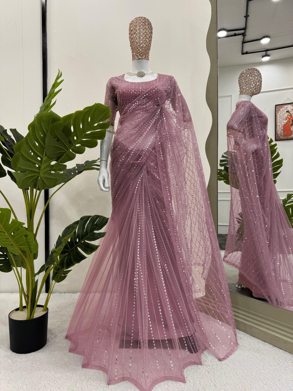 Wedding Wear Dusty Pink Color Embroidery Work Saree