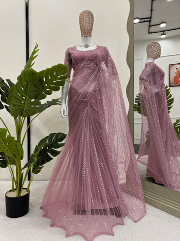 Wedding Wear Dusty Pink Color Embroidery Work Saree