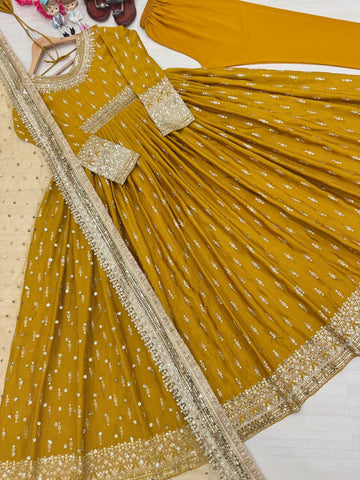 Haldi Wear Yellow Color Embroidery Sequence Work Gown