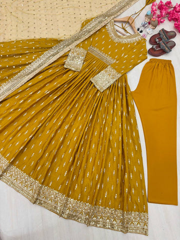 Haldi Wear Yellow Color Embroidery Sequence Work Gown
