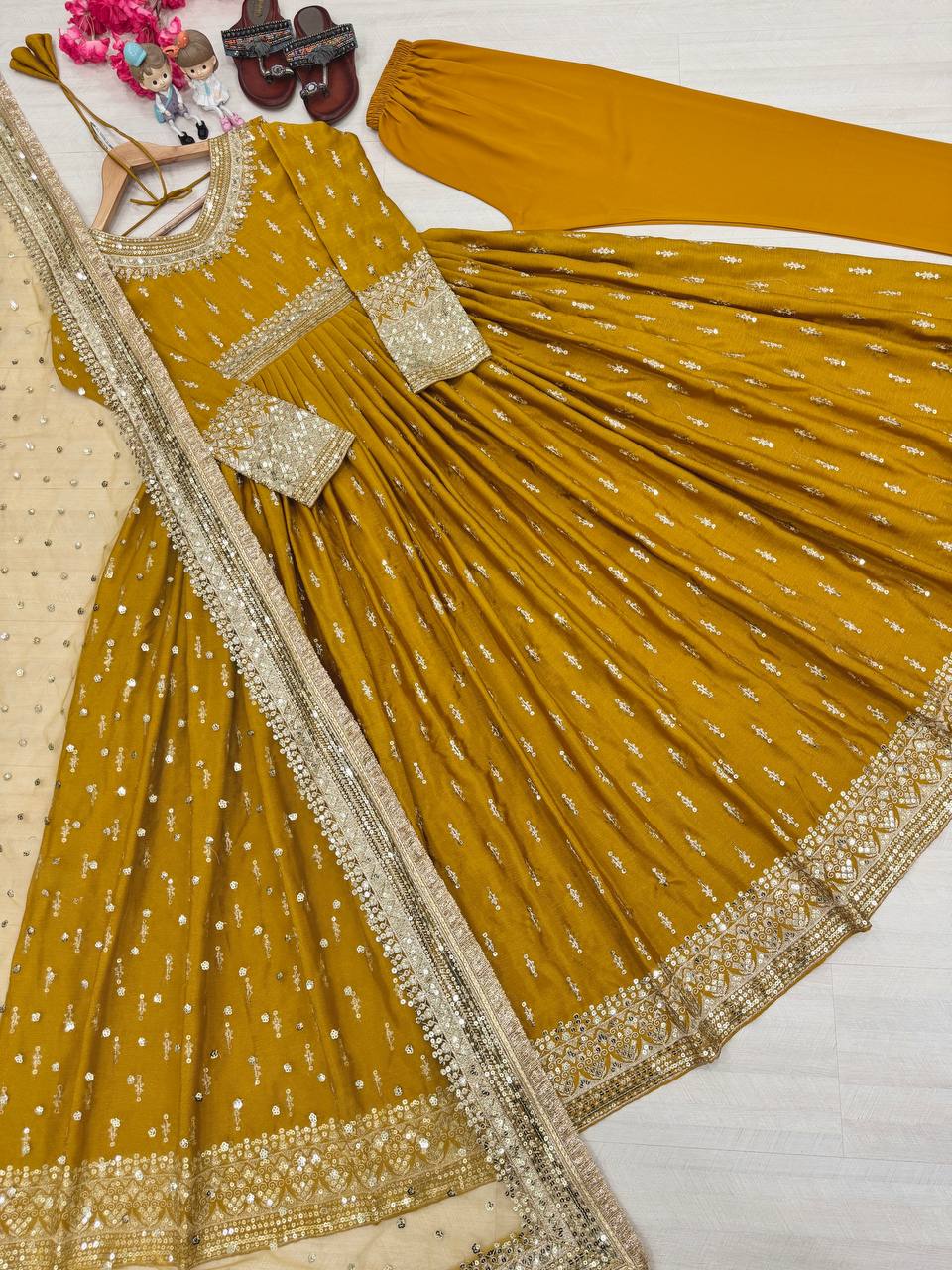 Haldi Wear Yellow Color Embroidery Sequence Work Gown