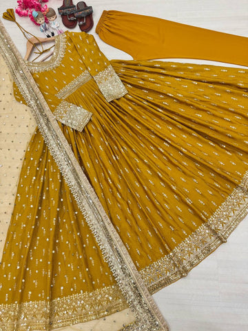 Haldi Wear Yellow Color Embroidery Sequence Work Gown