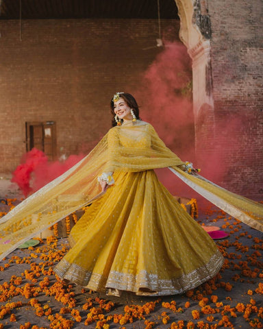 Haldi Wear Yellow Color Embroidery Sequence Work Gown