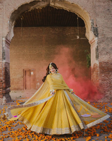 Haldi Wear Yellow Color Embroidery Sequence Work Gown