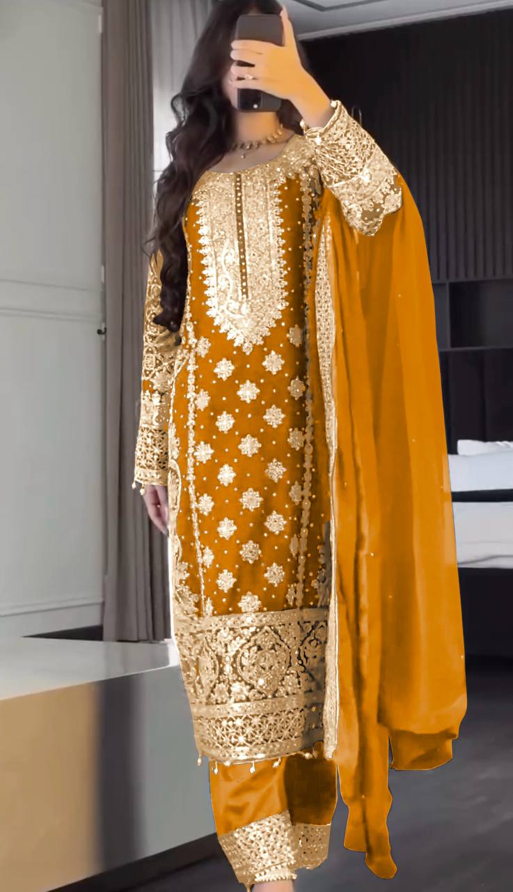Reception Wear Mustard Color Embroidery Sequence Work Designer Salwar Suit
