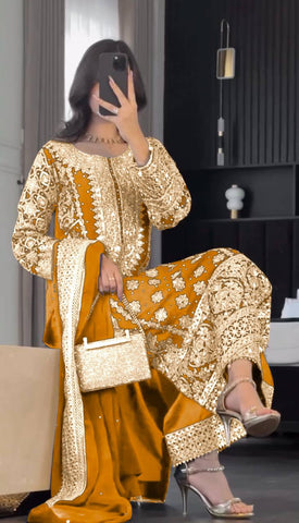 Reception Wear Mustard Color Embroidery Sequence Work Designer Salwar Suit