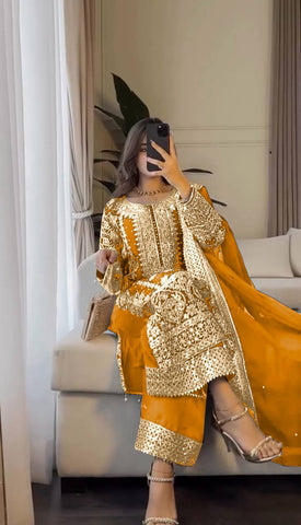 Reception Wear Mustard Color Embroidery Sequence Work Designer Salwar Suit