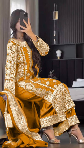 Reception Wear Mustard Color Embroidery Sequence Work Designer Salwar Suit