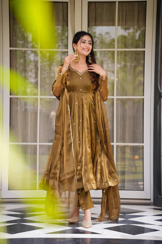 Festive Wear Golden Mustard Color Thread Embroidery Work Beautiful Gown