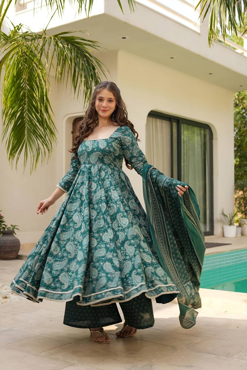 Wedding Wear Green Color Maslin Fabric Digital Print Work Anarkali Suit