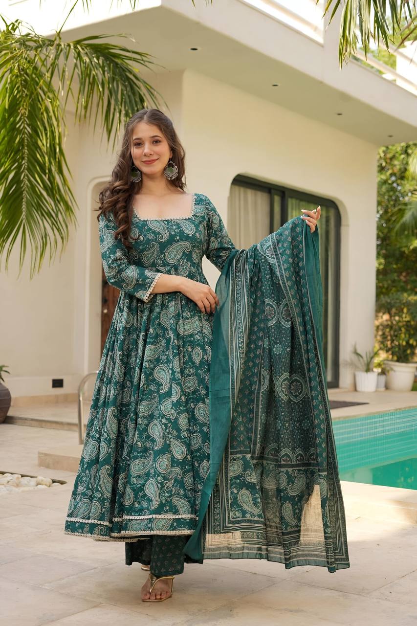 Wedding Wear Green Color Maslin Fabric Digital Print Work Anarkali Suit