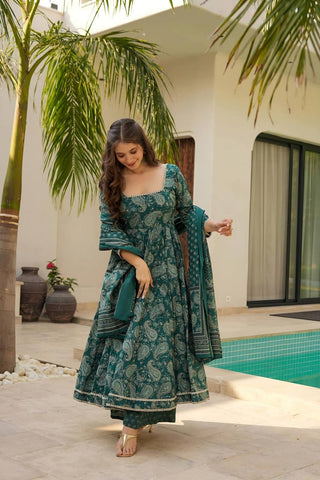 Wedding Wear Green Color Maslin Fabric Digital Print Work Anarkali Suit