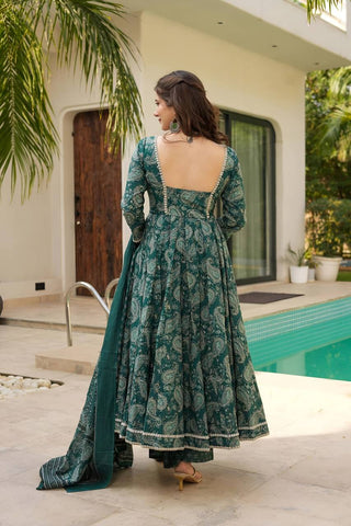 Wedding Wear Green Color Maslin Fabric Digital Print Work Anarkali Suit